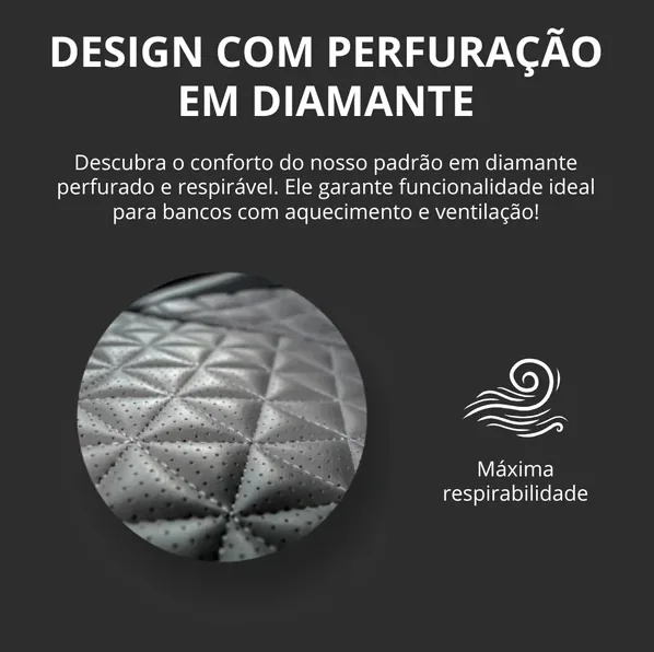 Detalhe do acabamento perfurado em diamante, desenvolvido para máxima respirabilidade