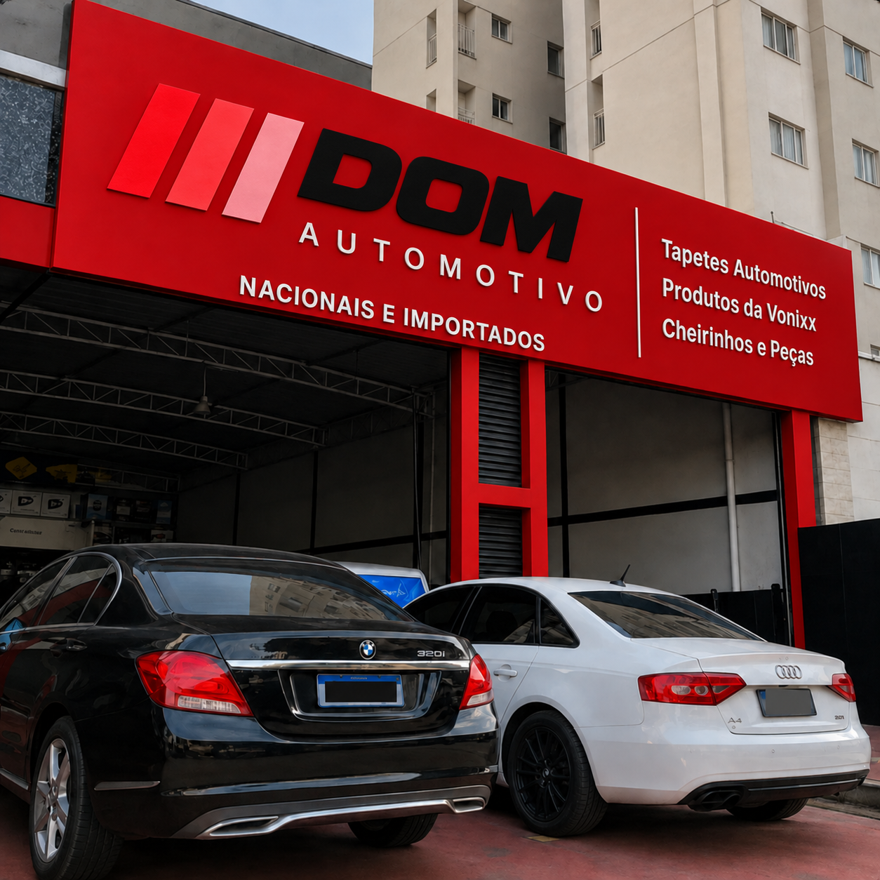 Fachada da Dom Automotivo com dois carros estacionados